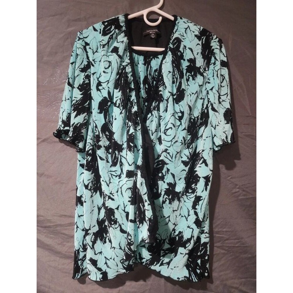 R&M Richards Woman 20W Aqua Blue Black Floral Plissé Asymmetrical Draped Top